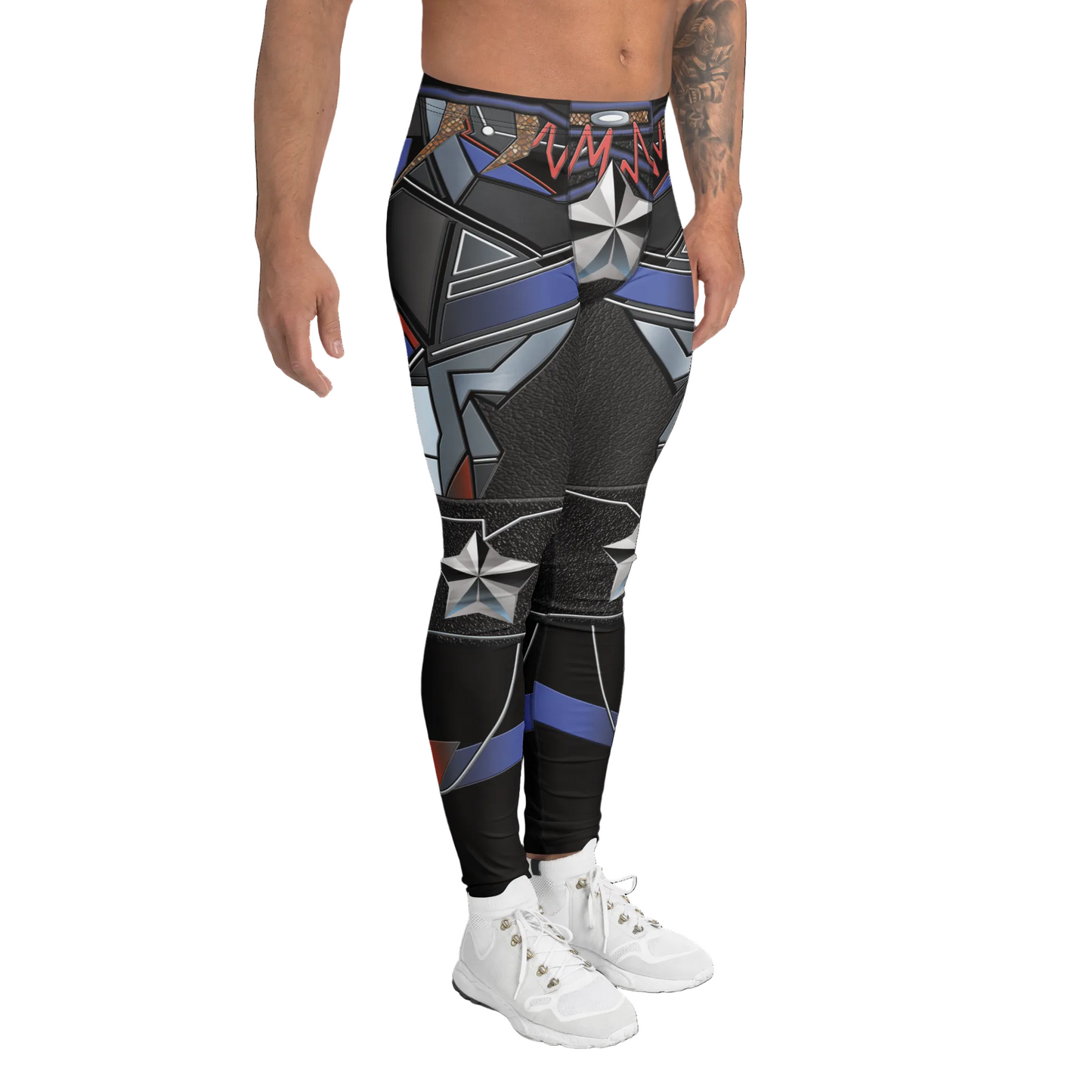 Person wearing black leggings with geometric multicolor pattern on a white background