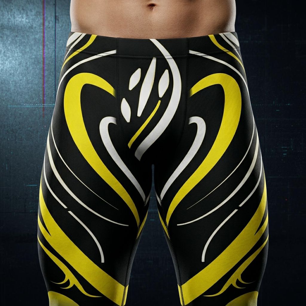 Black and yellow patterned swim briefs on a dark background - closeup - front
