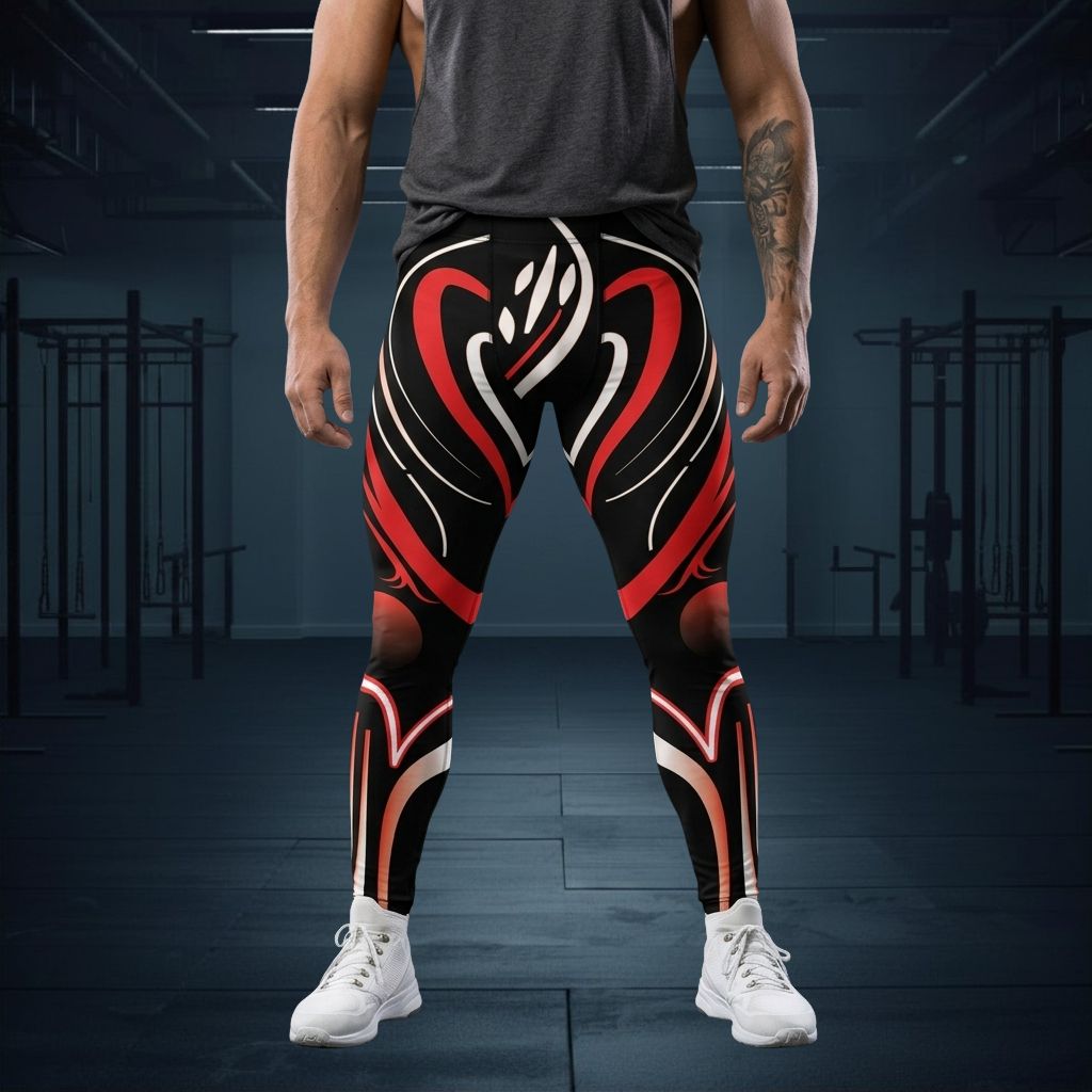 Person wearing black cyberpunk leggings with red and white designs in a gym setting