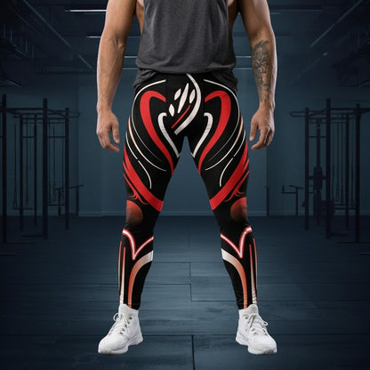 Person wearing black cyberpunk leggings with red and white designs in a gym setting