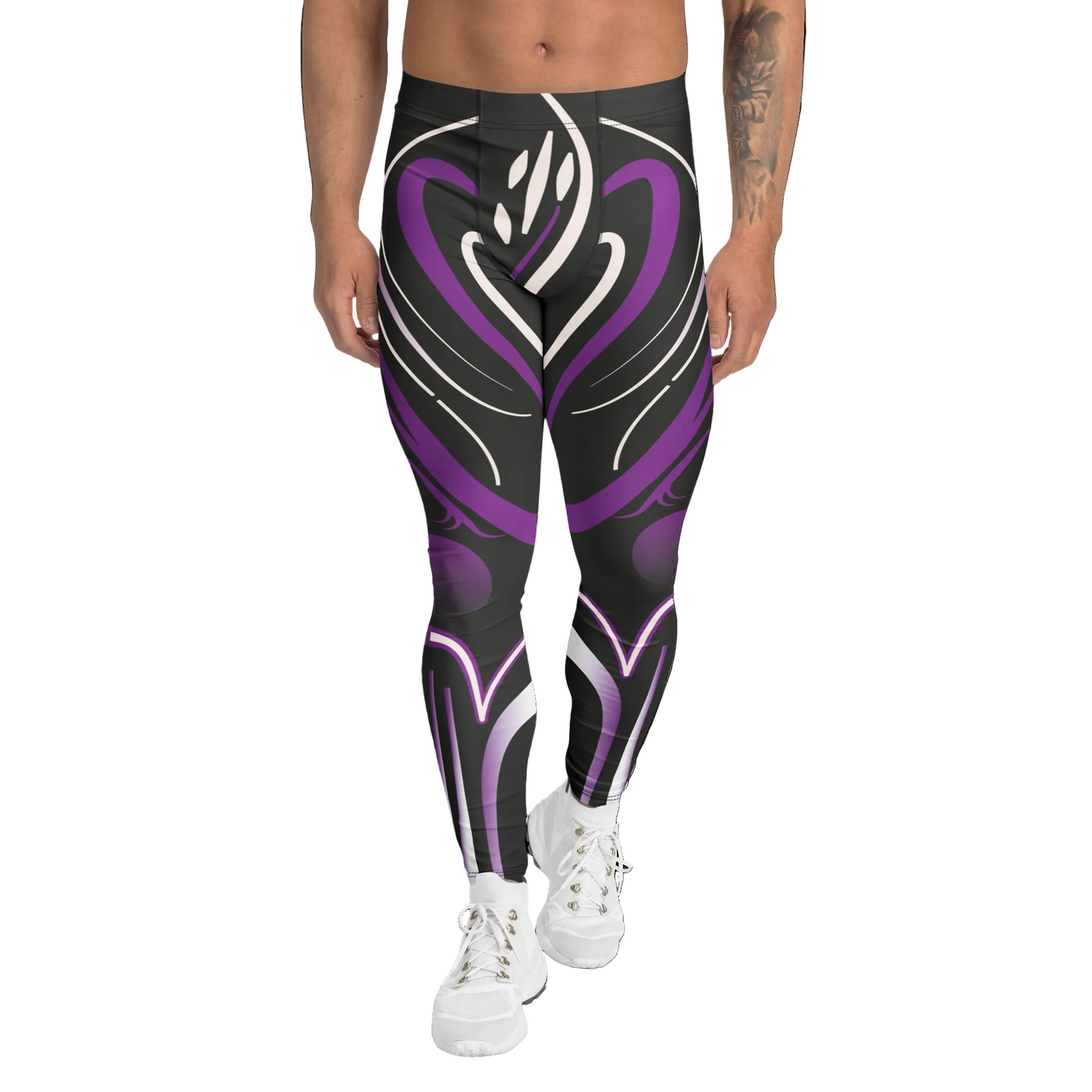 Burning Man cyberpunk leggings for men in purple, white and black with swirly pattern in futuristic cyberpunk design. Mid rise and ankle length festival meggings