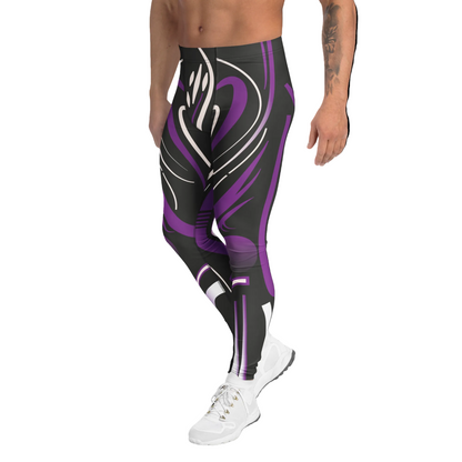 Burning Man cyberpunk wrestler pants for men in purple, white and black with swirly pattern in futuristic cyberpunk design. Mid rise and ankle length festival meggings