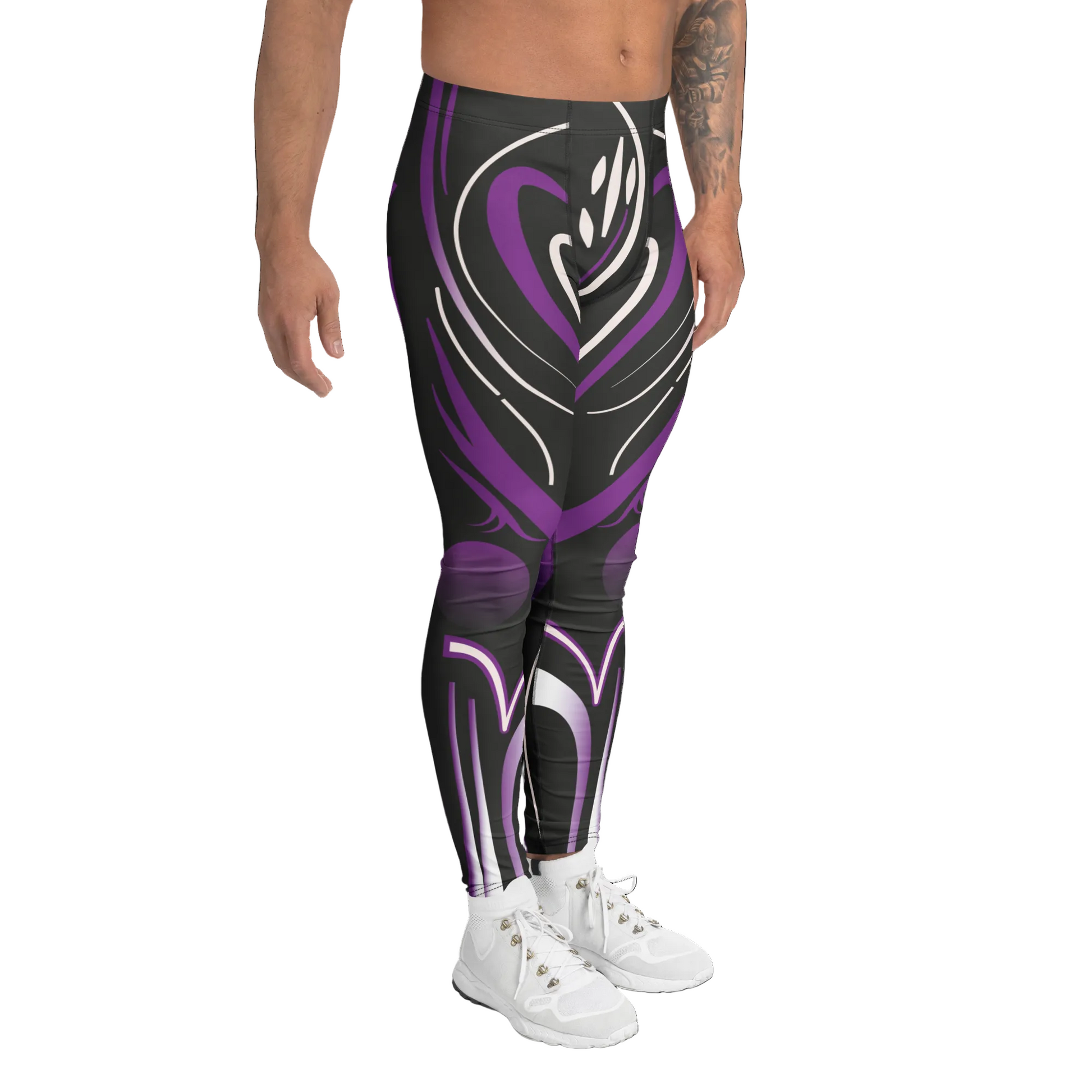 Burning Man cyberpunk wrestling pants for men in purple, white and black with swirly pattern in futuristic cyberpunk design. Mid rise and ankle length festival meggings