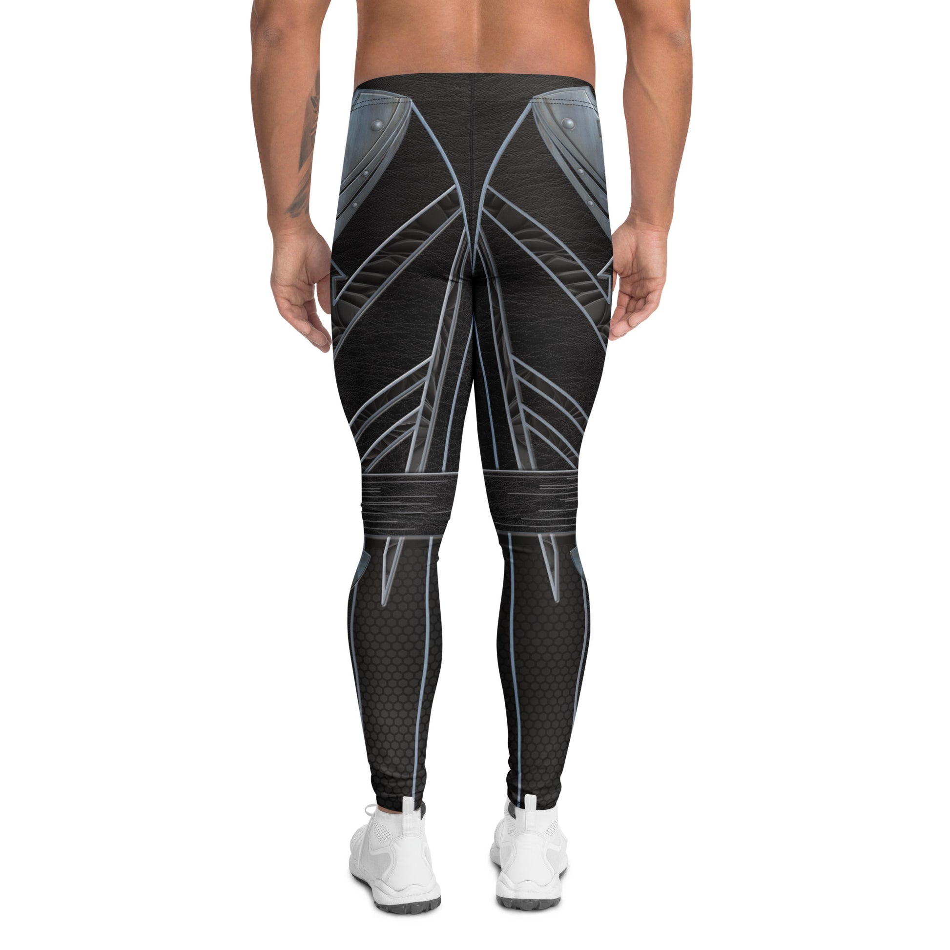 Back view of men’s Cyberpunk Stealth Leggings – futuristic black compression tights with metallic armor and hex-grid pattern by BillingtonPix