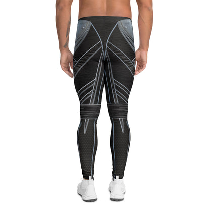 Back view of men’s Cyberpunk Stealth Leggings – futuristic black compression tights with metallic armor and hex-grid pattern by BillingtonPix