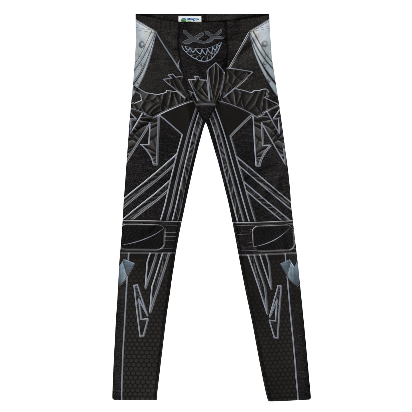 Closeup of men’s Cyberpunk Stealth Leggings – futuristic black compression tights with metallic armor and hex-grid pattern by BillingtonPix