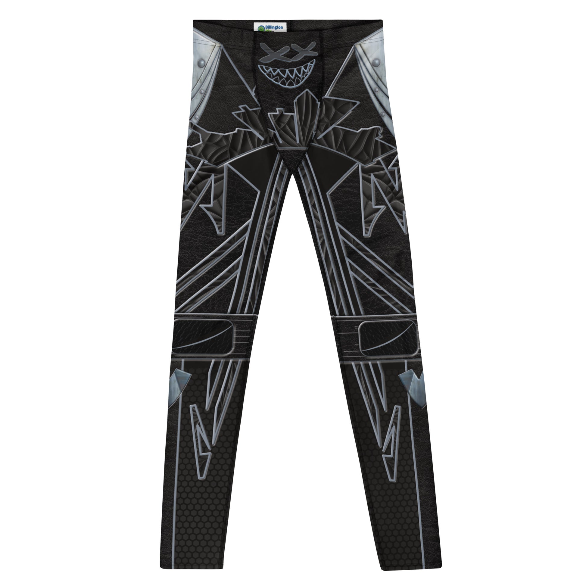 Closeup of men’s Cyberpunk Stealth Leggings – futuristic black compression tights with metallic armor and hex-grid pattern by BillingtonPix