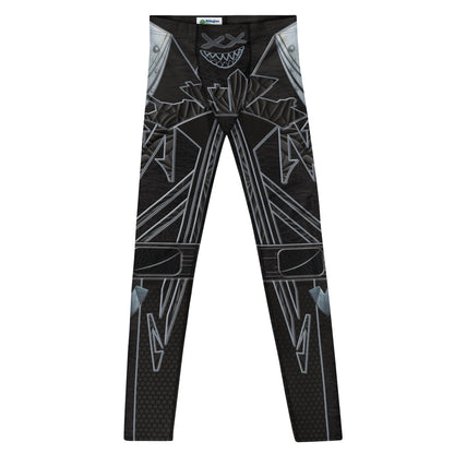 Closeup of men’s Cyberpunk Stealth Leggings – futuristic black compression tights with metallic armor and hex-grid pattern by BillingtonPix