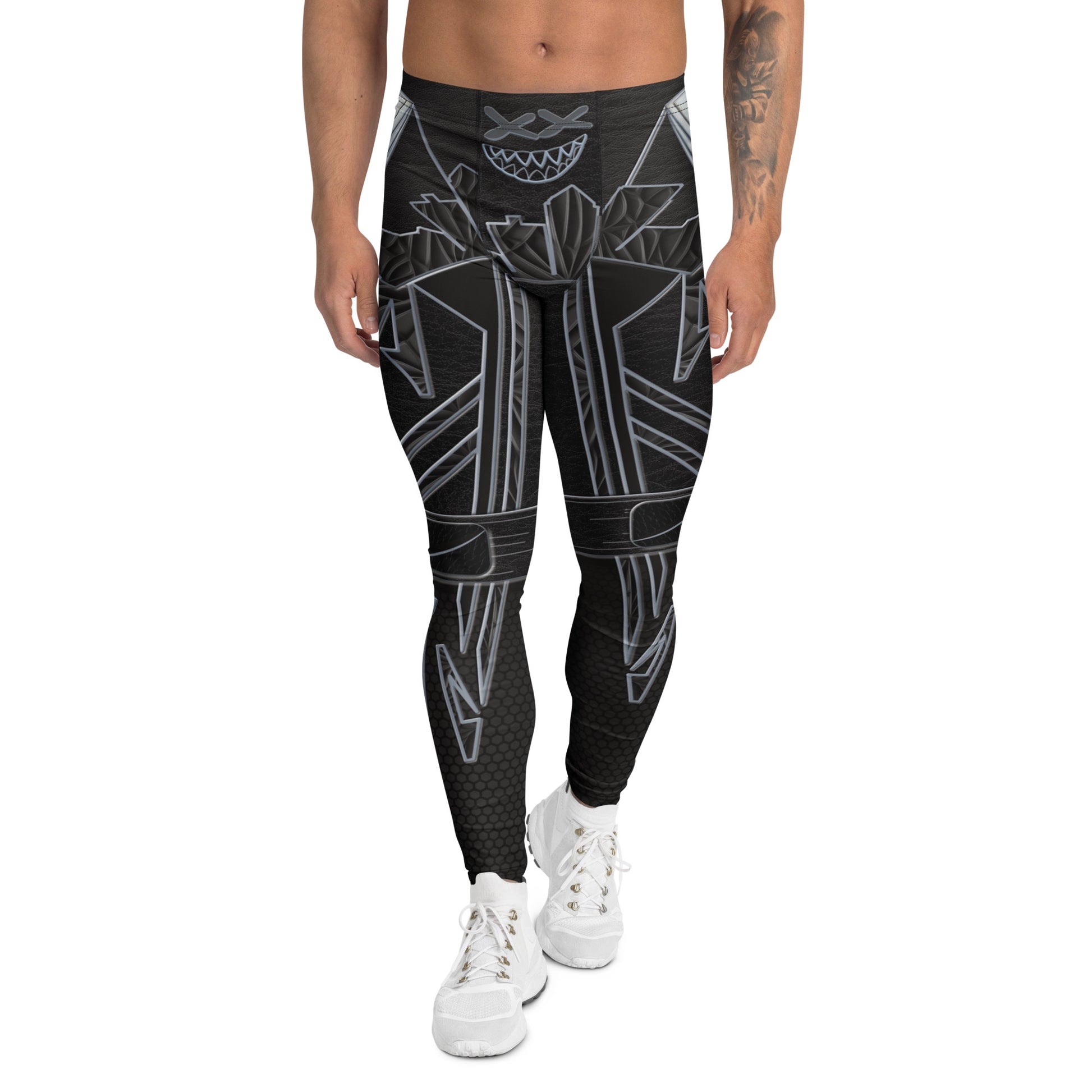 Men’s Cyberpunk Stealth Leggings – futuristic black compression tights with metallic armor and hex-grid pattern by BillingtonPix