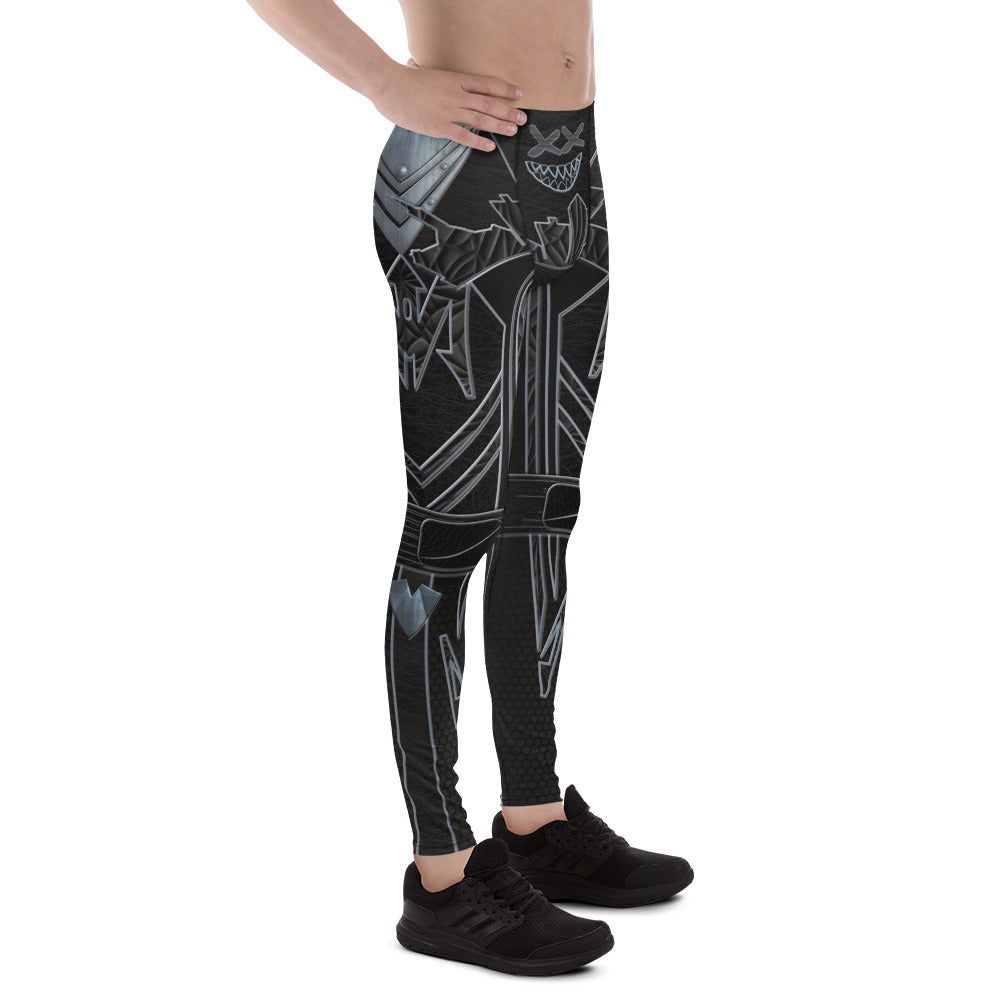 Right view of men’s Cyberpunk Stealth Leggings – futuristic black compression tights with metallic armor and hex-grid pattern by BillingtonPix
