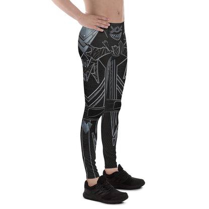 Right view of men’s Cyberpunk Stealth Leggings – futuristic black compression tights with metallic armor and hex-grid pattern by BillingtonPix