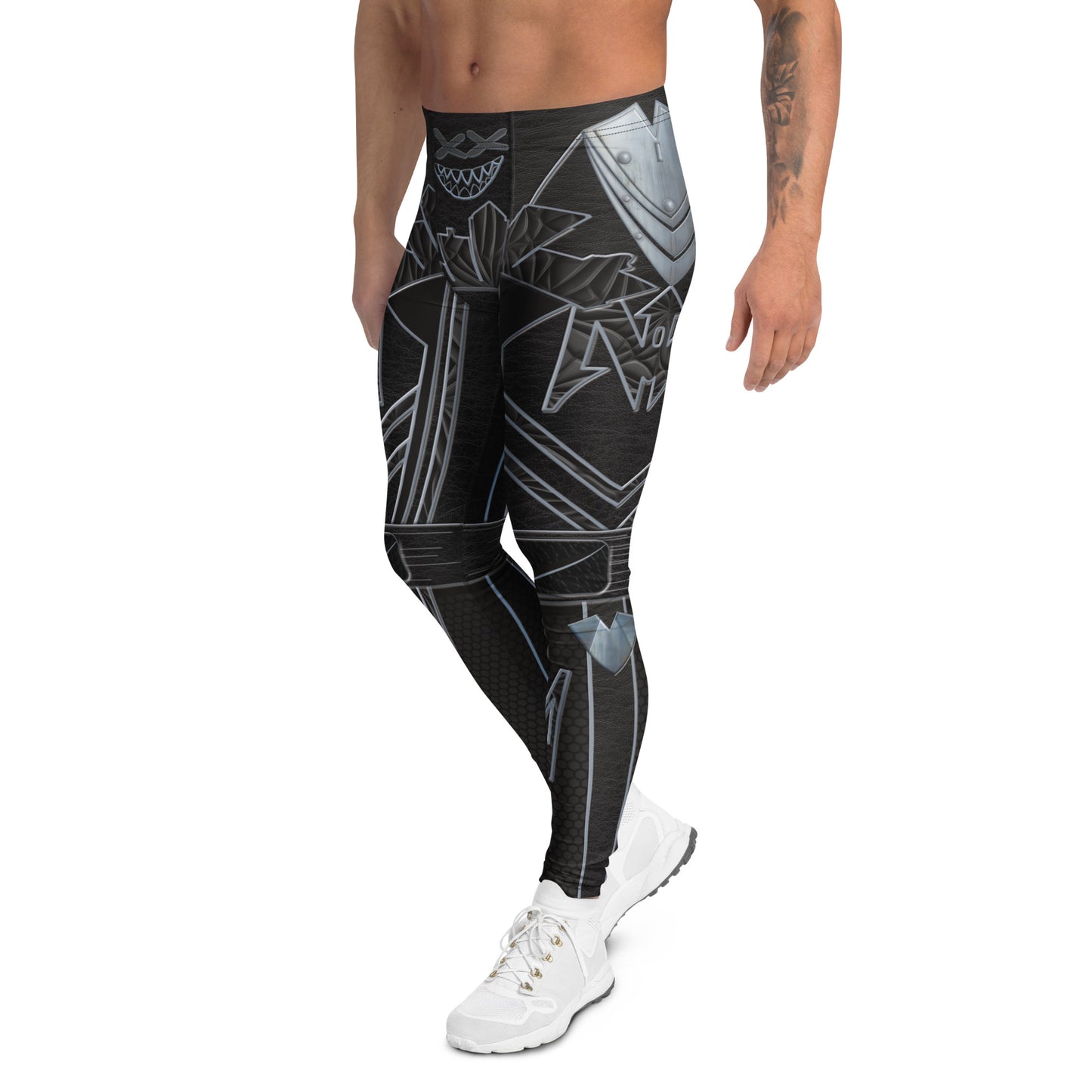 Black cyberpunk leggings for men in geometric shapes with leather and metallic printed effect. Cosplay Activewear by BillingtonPix