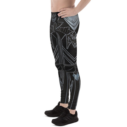 Left view of men’s Cyberpunk Stealth Leggings – futuristic black compression tights with metallic armor and hex-grid pattern by BillingtonPix
