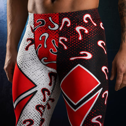 man wearing luchador wrestling tights with question marks and diamonds in black, red and white, in closeup