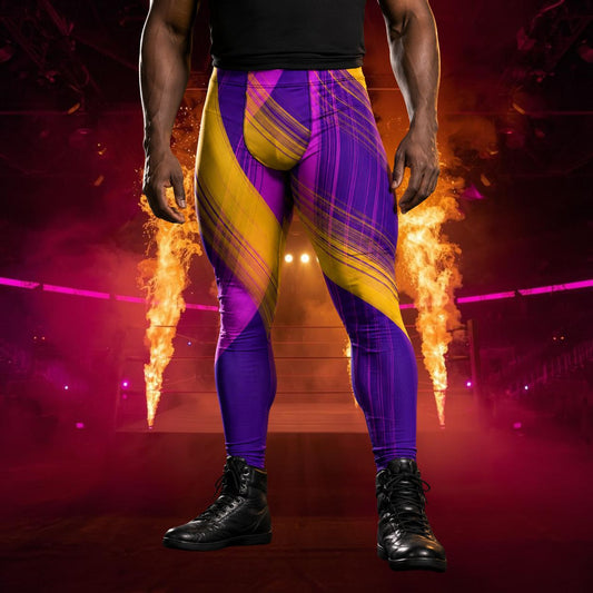 Man wearing abstract geometric purple, pink and orange leggings