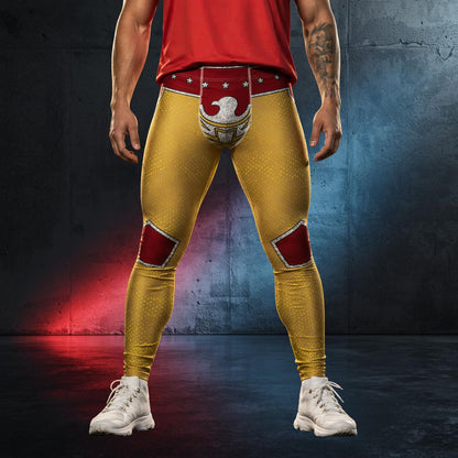 Person wearing patriotic gold wrestling pants with, silver eagle, red accents and a red shirt against a dark background