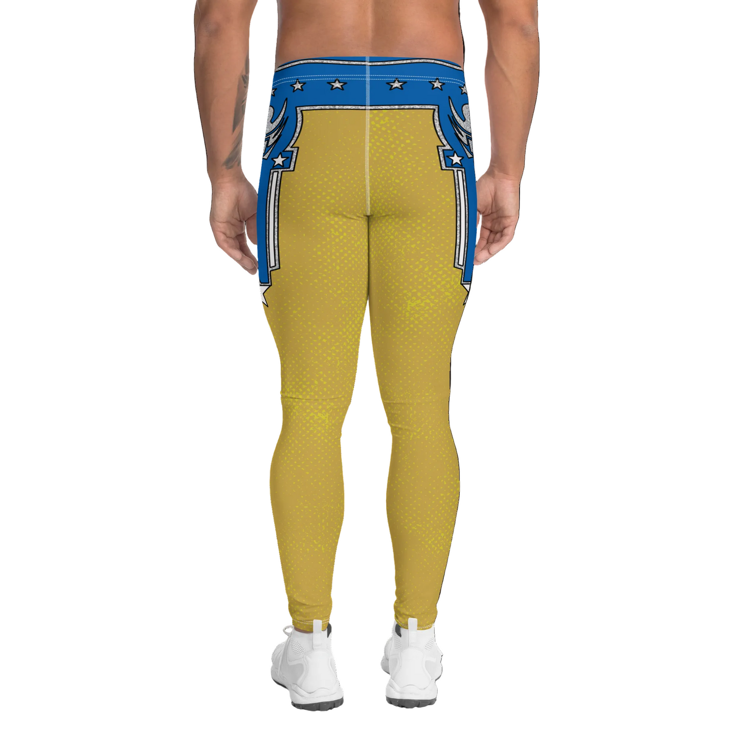 Yellow patterned leggings with blue accents worn by a person on a white background. Rear view.