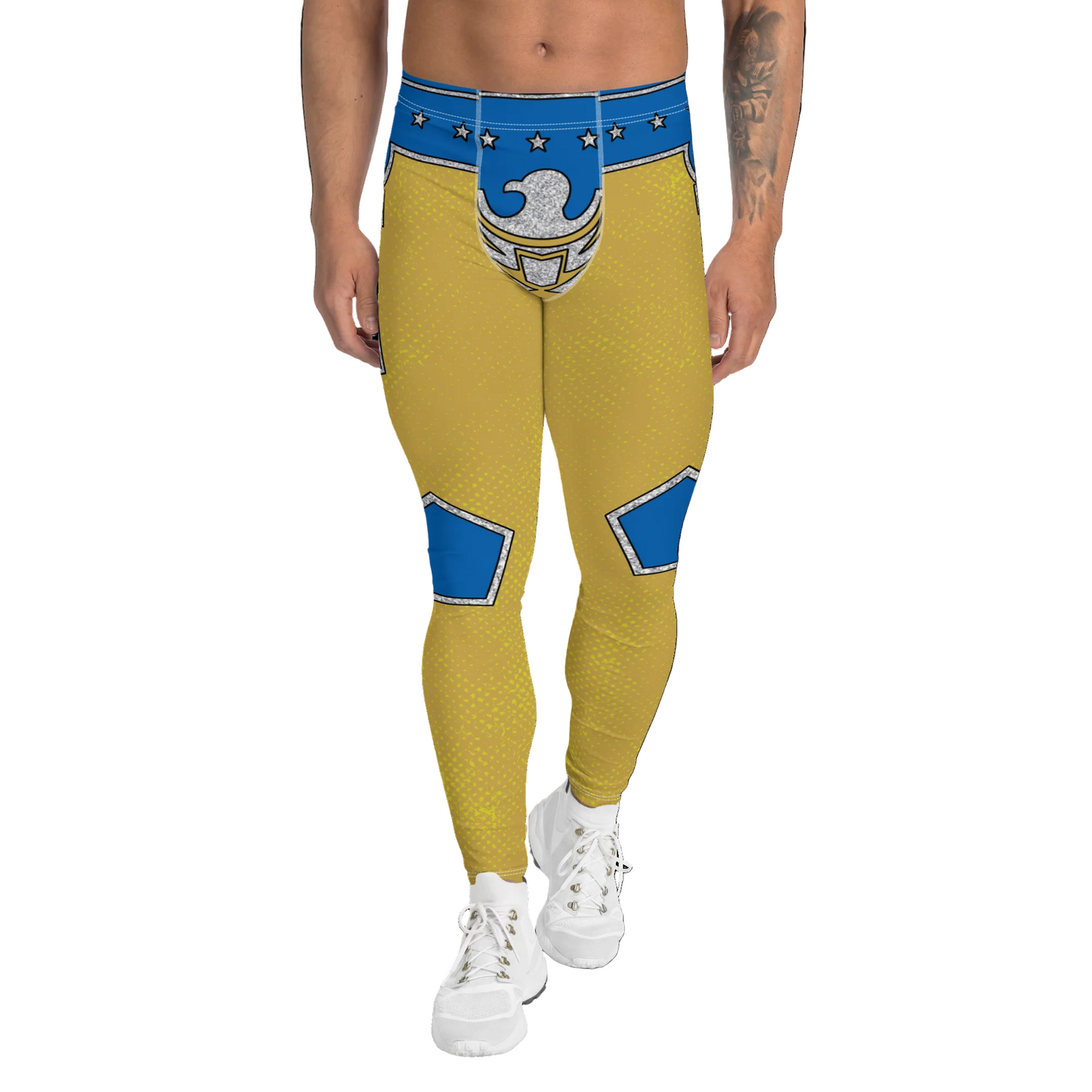 Person wearing patriotic gold wrestling pants with, silver eagle, blue accents and a red shirt against a white background