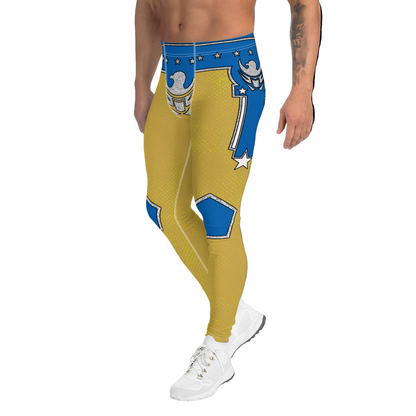 Yellow leggings with blue accents and star designs on a white background. Left view.