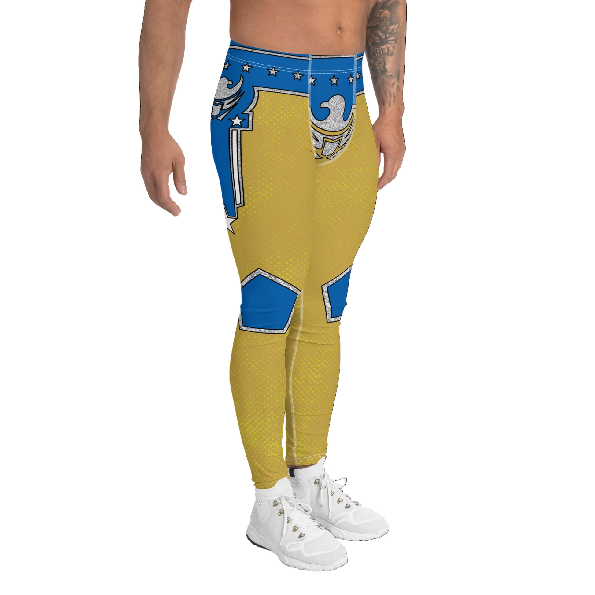 Yellow and blue patterned leggings worn by a person on a white background. Right view.