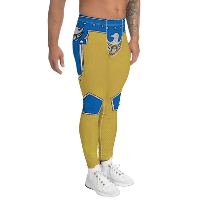 Yellow and blue patterned leggings worn by a person on a white background. Right view.