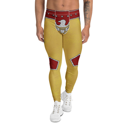 Person wearing patriotic gold wrestling pants with, silver eagle, red accents and a red shirt against a white background