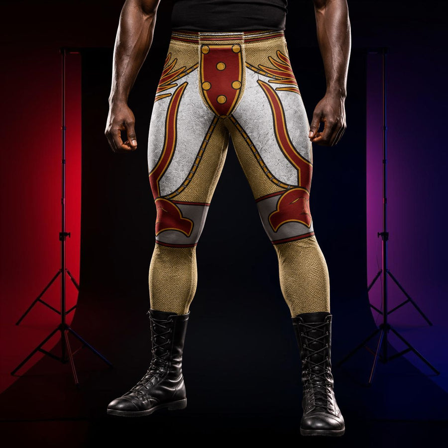 Man wearing wrestling tights in gold and silver with red eagle in American hero style