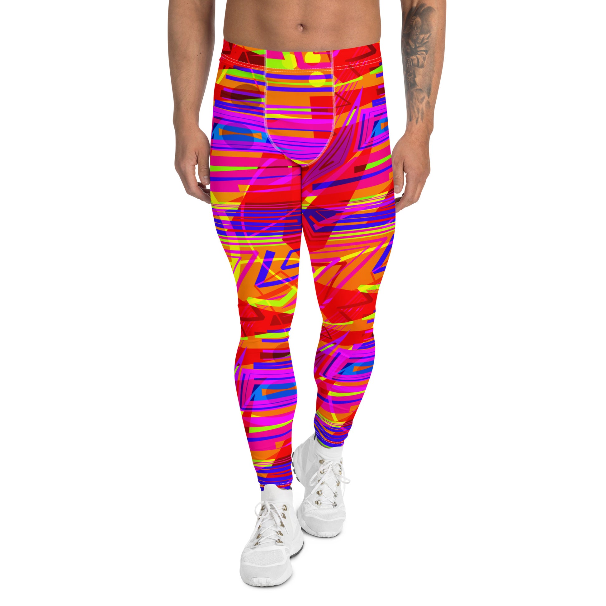 EDM electronic dance music style neoncore and vaporwave leggings for men in geometric angular layers and overlays. Tones of orange, red, pink, purple, yellow and blue in a neon effect. This EDM outfit or clubbing outfit is soft material with a stretchy 4-way stretch fabric that is super comfy and will ensure your mens fashion tights remain super bright and vivid long term. Fashion meggings for dancing, rave, festivals, clubbing.