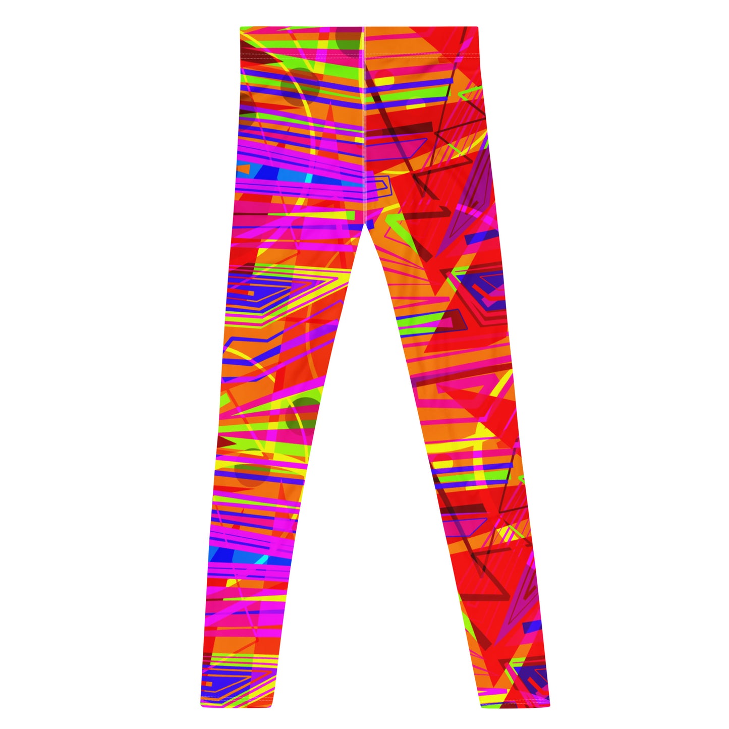 EDM electronic dance music style neoncore and vaporwave leggings for men in geometric angular layers and overlays. Tones of orange, red, pink, purple, yellow and blue in a neon effect. This EDM outfit or clubbing outfit is soft material with a stretchy 4-way stretch fabric that is super comfy and will ensure your mens fashion tights remain super bright and vivid long term. Fashion meggings for dancing, rave, festivals, clubbing.