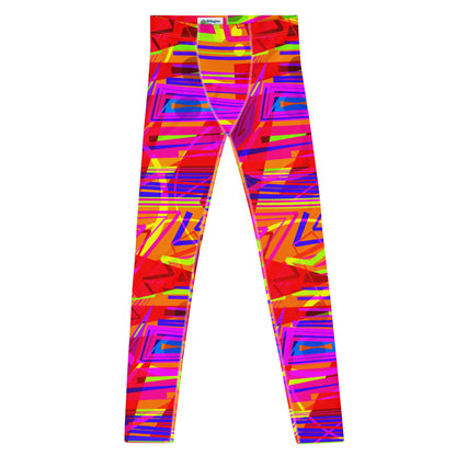 EDM electronic dance music style neoncore and vaporwave leggings for men in geometric angular layers and overlays. Tones of orange, red, pink, purple, yellow and blue in a neon effect. This EDM outfit or clubbing outfit is soft material with a stretchy 4-way stretch fabric that is super comfy and will ensure your mens fashion tights remain super bright and vivid long term. Fashion meggings for dancing, rave, festivals, clubbing.