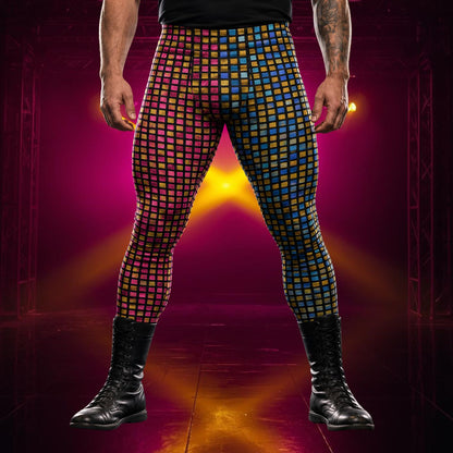 men's leggings with pink and blue glitter pattern in alternate legs