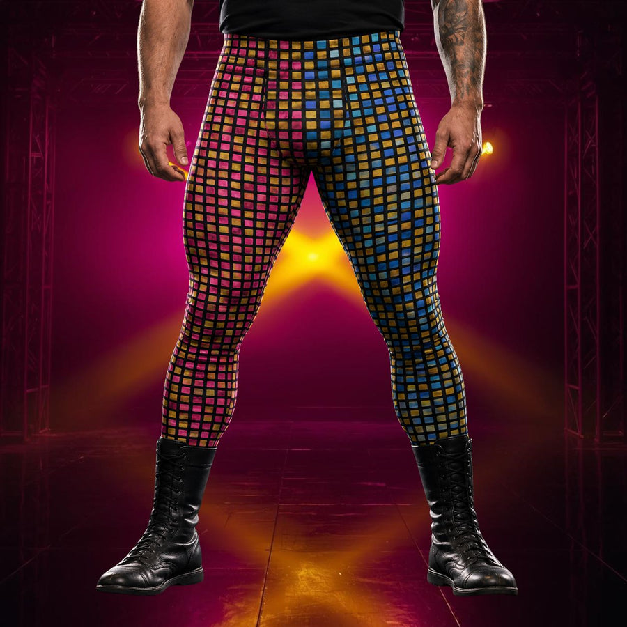 men's leggings with pink and blue glitter pattern in alternate legs