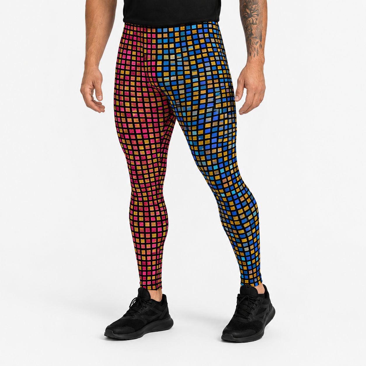 Person wearing colorful checkered edm rave leggings on a white background