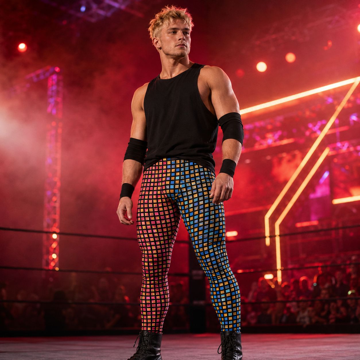 Person in black tank top and colorful edm style wrestling pants on a stage with red and blue lighting