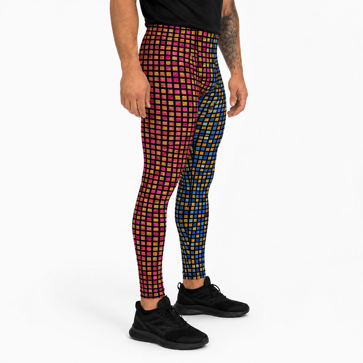 Person wearing colorful checkered wrestling tights on a white background