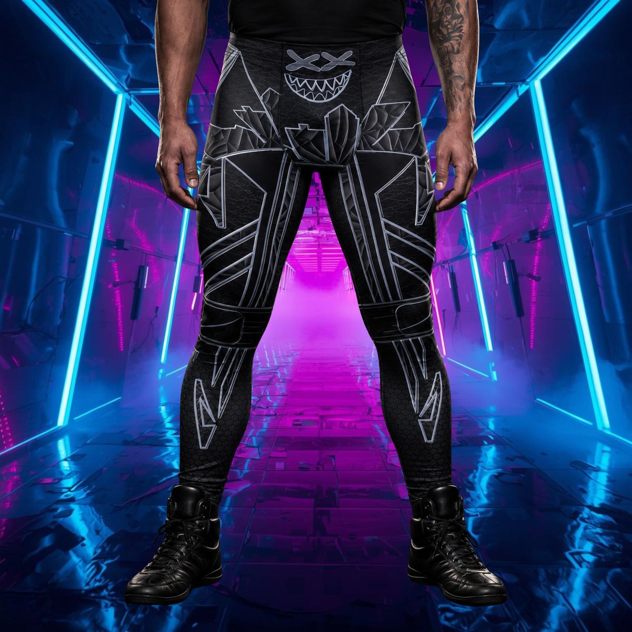 man wearing black leggings with geometric cyberpunk design in silver