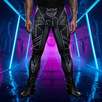 man wearing black leggings with geometric cyberpunk design in silver