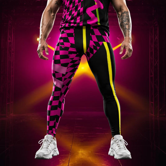 Person wearing a retro black and pink checkered wrestling outfit with yellow accents on a dark background