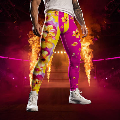 man wearing pink leggings with yellow, blossom and butterflies