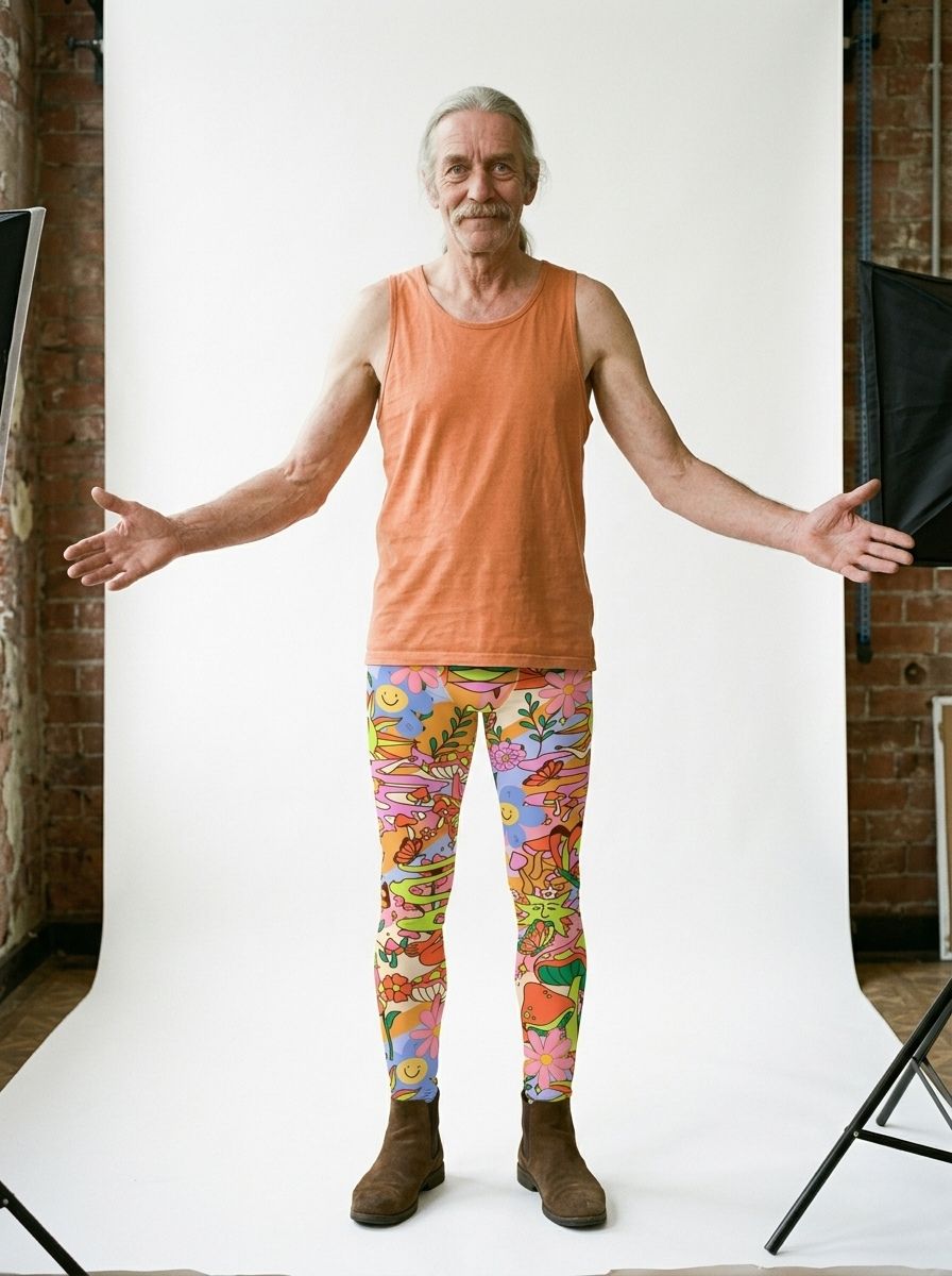 Person wearing orange fantasy anime leggings with a matching orange tank top, standing in a studio. AI image.