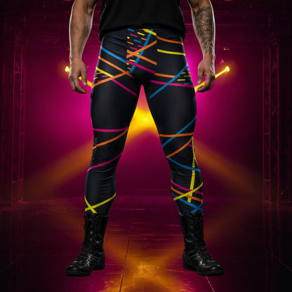 Person wearing black wrestling tights with bold geometric rainbow patterns on a dark background