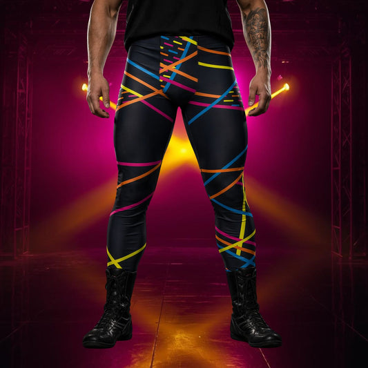 Person wearing black wrestling tights with bold geometric rainbow patterns on a dark background