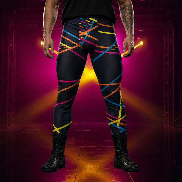 Male model wearing geometric rainbow and black leggings