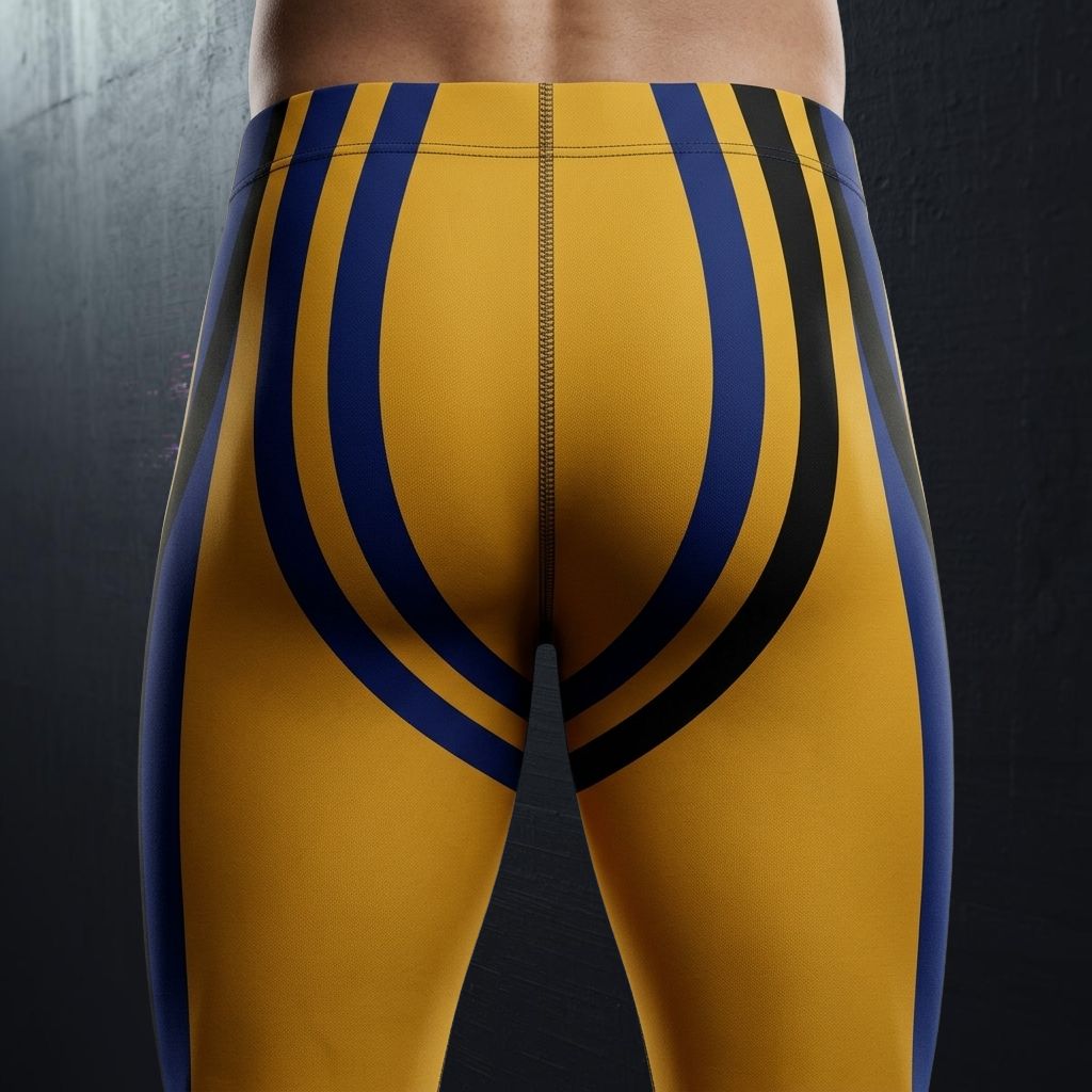 Yellow athletic pants with blue and black stripes on a dark background - rear view