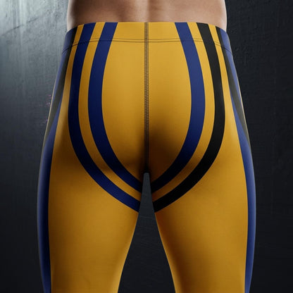 Yellow athletic pants with blue and black stripes on a dark background - rear view