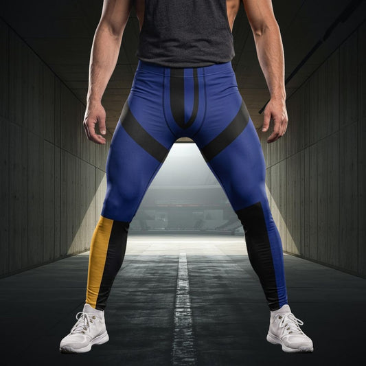 Person wearing blue leggings with black and yellow accents in a tunnel setting