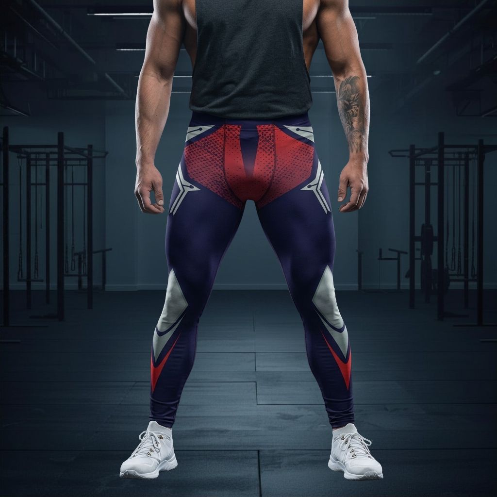 Person wearing a dark tank top and geometric gym leggings in a gym setting