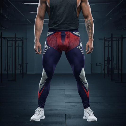 Person wearing a dark tank top and geometric gym leggings in a gym setting