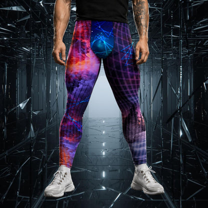 Person wearing bold leggings with a futuristic galaxy design in a dark, metallic environment.