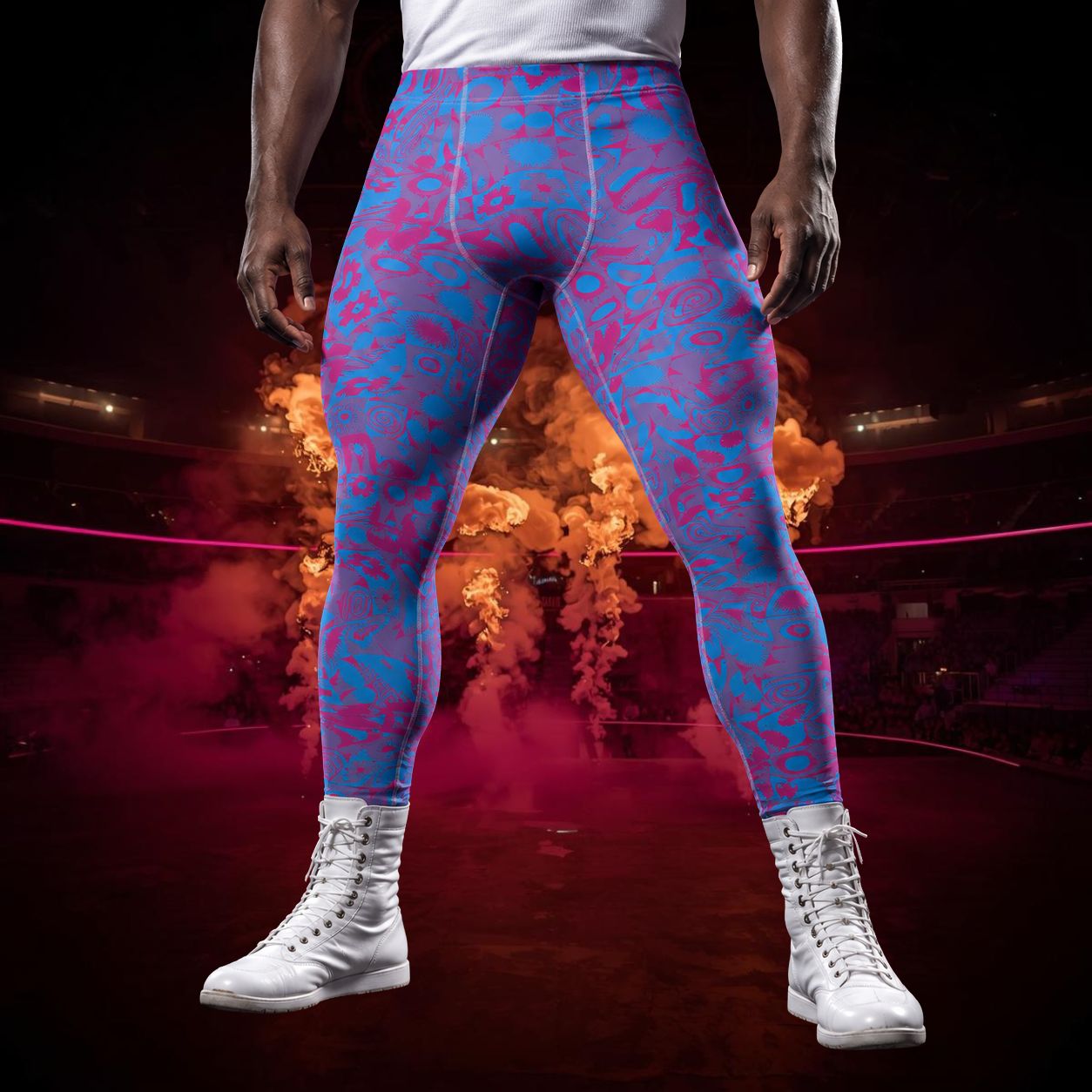 Man wearing blue and pink marbled leggings